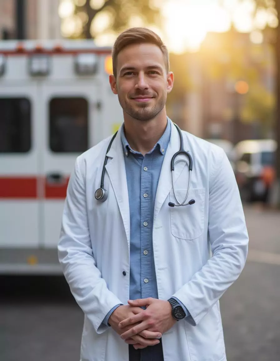 Doctor Headshots: Close-up professional headshot with neutral background | Unrealshot AI